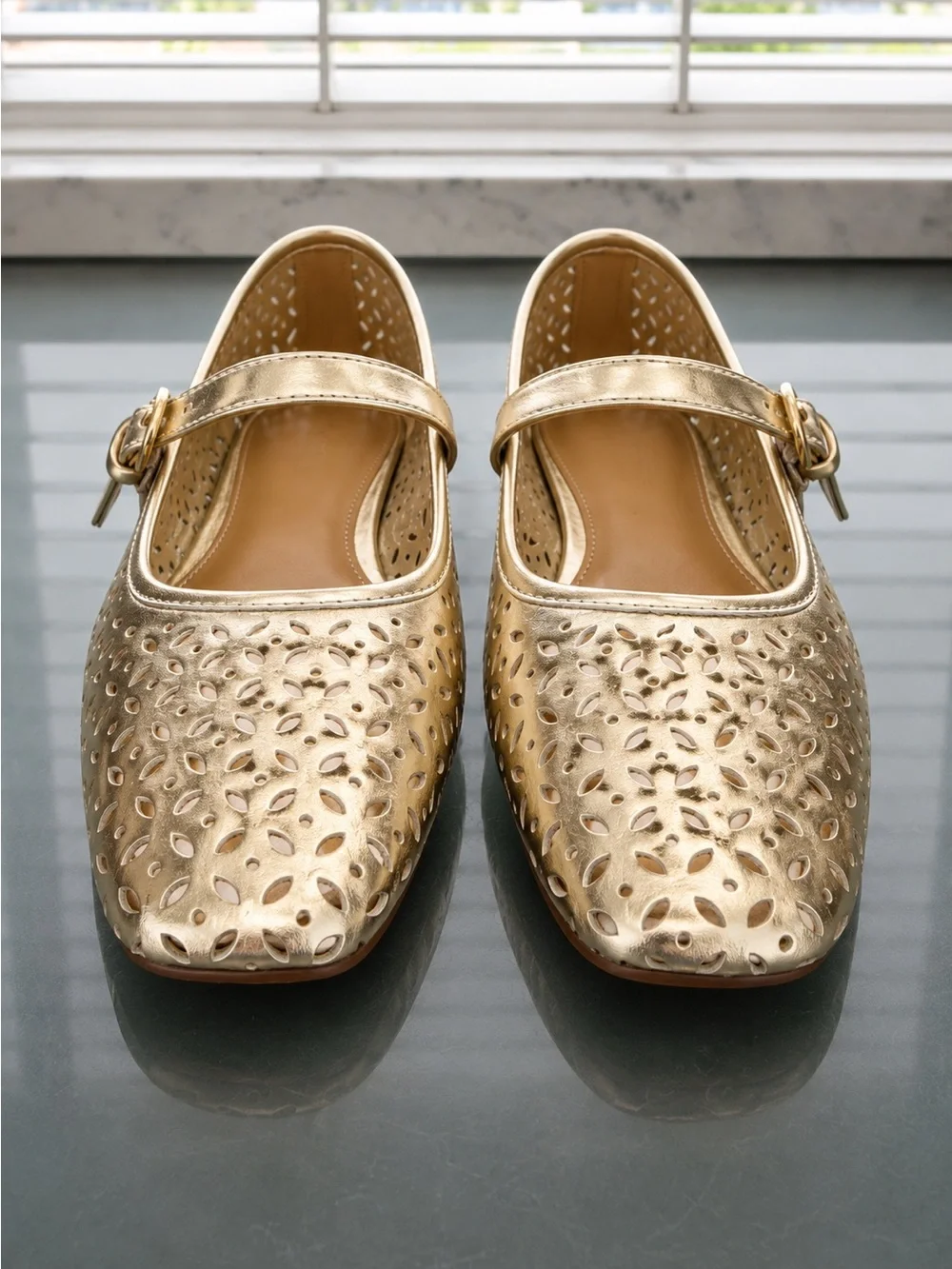 J. Crew Metallic Gold Perforated Mary Jane Flats Size 8.5